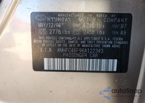 2006 Hyundai Azera Se z USA, uszkodzony, nr VIN KMHFC46F96A122343